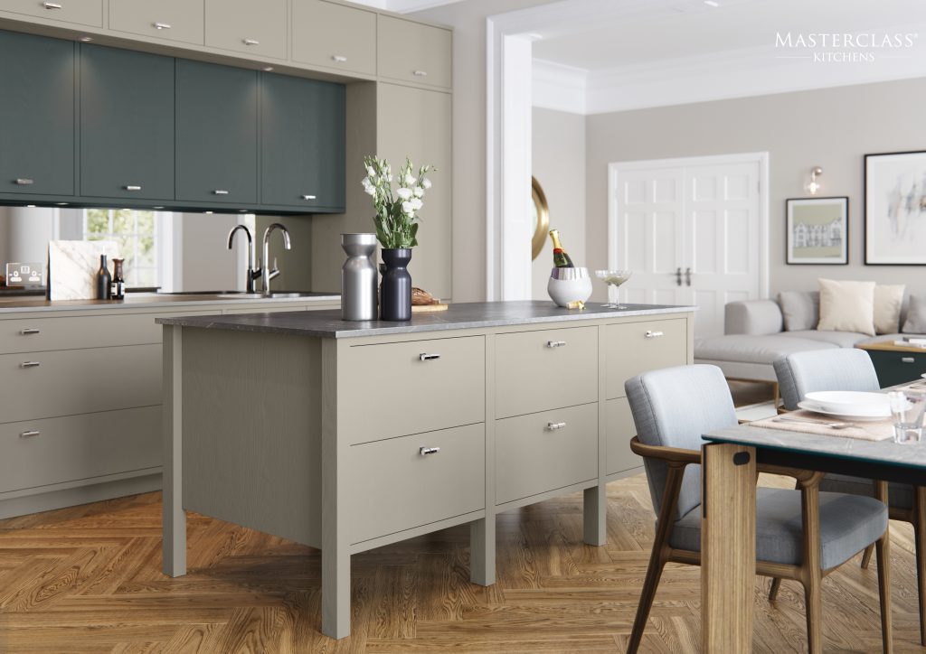 Oxwich Grained painted modern kitchen. Oxwich is a painted modern kitchen with a visible grain finish. Available in a large selection of beautiful colours, Oxwich brings something a little different, a tactile take on a flat slab modern kitchen door. Part of our Timeless Collection. Features our innovative cabinet as standard Available with The Signature Collection of storage Constructed using FSC® certified wood Lifetime Guarantee on Blum Hinges