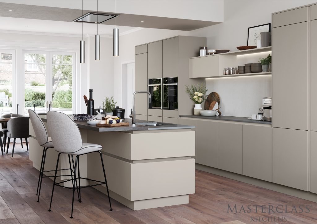 Hampton H Line Painted Silk Handleless Kitchen. Part of our H Line Collection. Features our innovative cabinet as standard Available with The Signature Collection of storage Constructed using FSC® certified wood Lifetime Guarantee on Blum Hinges