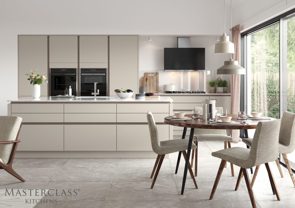Sutton H Line Silk Finish Handleless Kitchen. Part of our H Line Collection. Features our innovative cabinet as standard Available with The Signature Collection of storage Constructed using FSC® certified wood Lifetime Guarantee on Blum Hinges