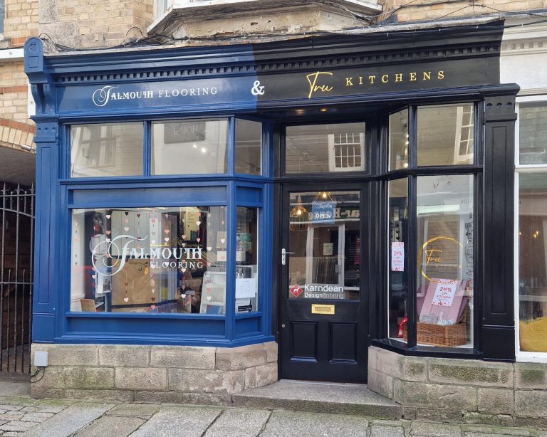 Contact Us @ Falmouth Flooring and Tru Kitchens Shop front in Truro, Cornwall